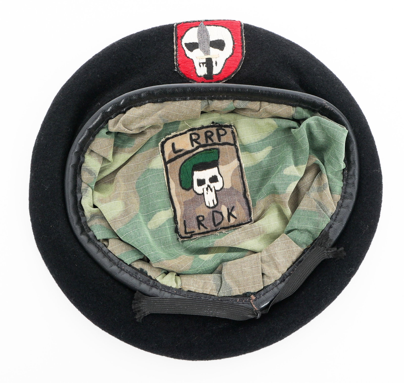 VIETNAM WAR US ARMY SPECIAL FORCES LRRP BERET: VIETNAM WAR US ARMY SPECIAL FORCES LRRP BERET Vietnam War US Army Special Forces Long Range Reconnaissance Patrol Black Beret. "LRRP LRDK" patch sewn into the inside. Provenance: Lifetime Military Mem