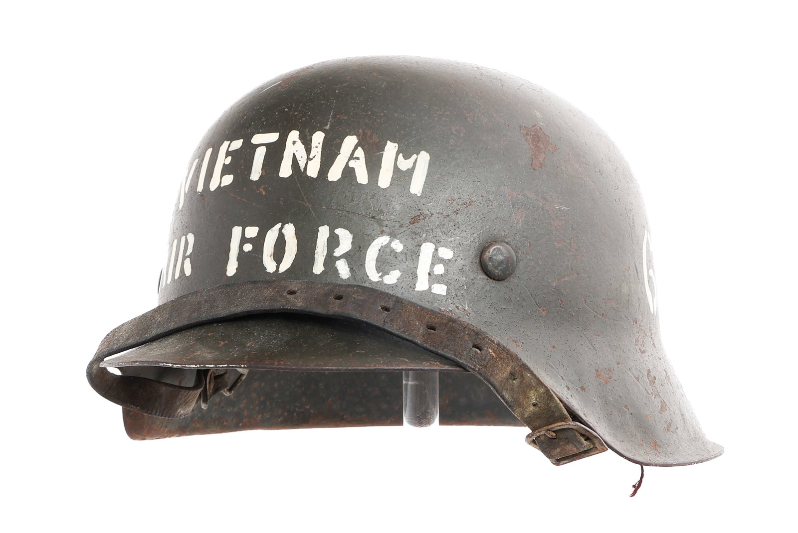 USAF VIETNAM VETERAN WWII GERMAN M42 BIKER HELMET: USAF VIETNAM VETERAN WWII GERMAN M42 BIKER HELMET US Air Force Vietnam War Veteran WWII German M42 Stahlhelm Motorcycle Helmet. "Vietnam Air Force" painted on the front, "69" on the sides, and "Hell's