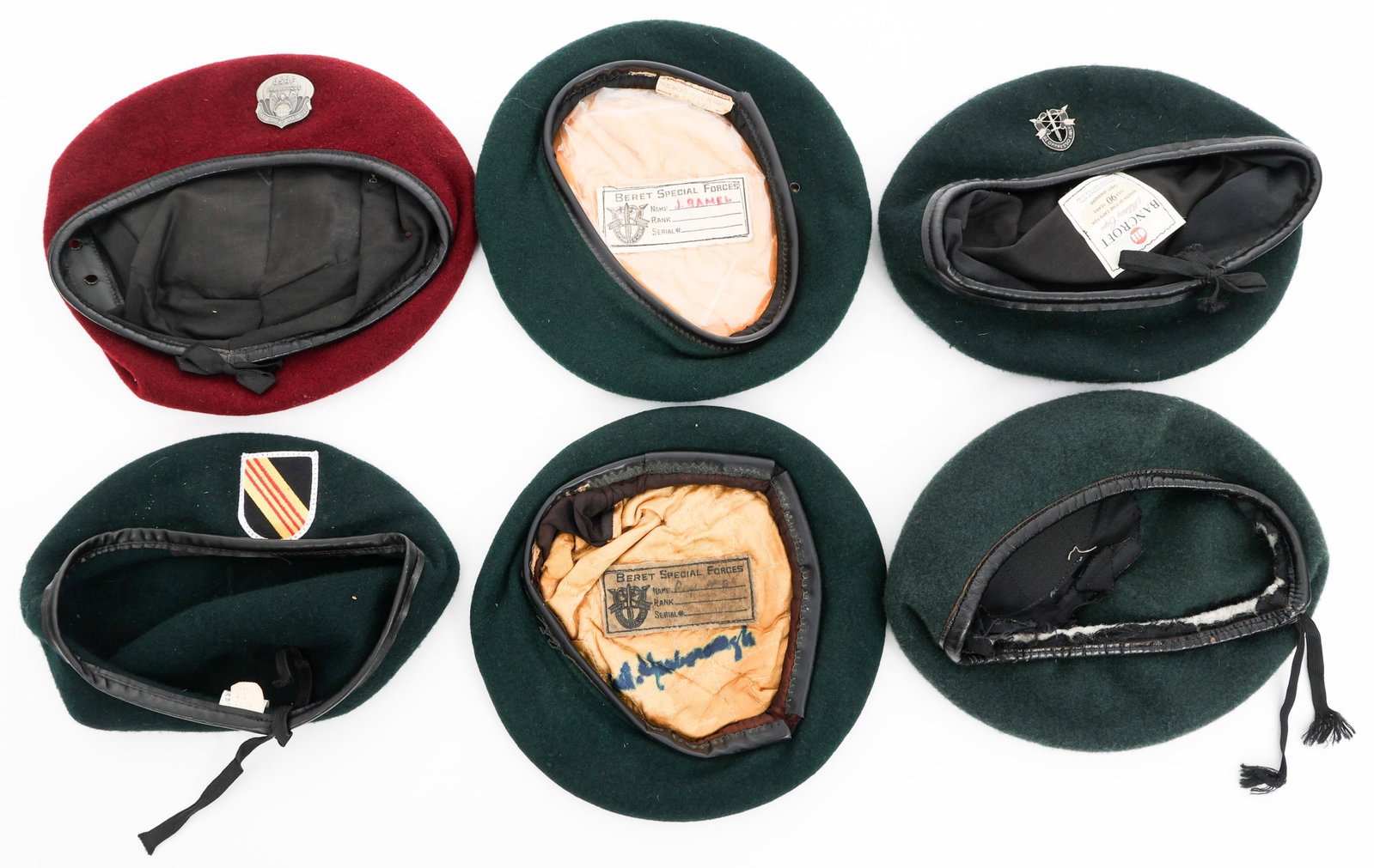 COLD WAR US ARMY & AIR FORCE SPECIAL FORCES BERETS: COLD WAR US ARMY & AIR FORCE SPECIAL FORCES BERETS Cold War US Army and Air Force Special Forces Berets. Includes USAF Pararescue, US Army 5th Special Forces Group and standard Green Berets. Provenanc