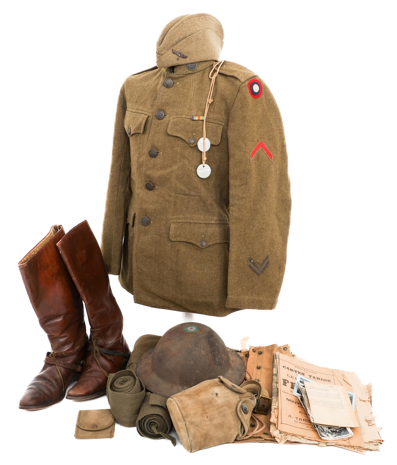 WWI US AIR SERVICE EM UNIFORM & PAPERWORK GROUPING: WWI US AIR SERVICE EM UNIFORM & PAPERWORK GROUPING WWI US Air Service Enlisted Uniform & Paperwork Grouping. Named to Corporal E.L.F. Molleur. (1) British Made M1918 Service Tunic. Signal Corps collar