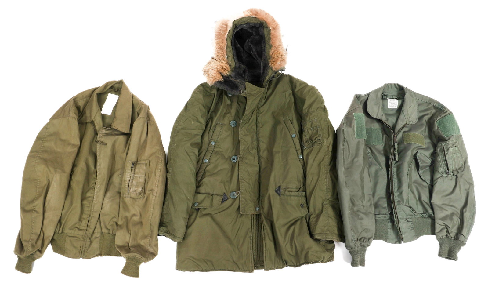 COLD WAR US ARMED FORCES FLIGHT JACKETS: COLD WAR US ARMED FORCES FLIGHT JACKETS Cold War US Armed Forces Flight Jackets. (1) Type N-3B Winter Flight Parka. Maker marked by Lancer Clothing Corporation. Size: Medium. (1) Lightweight Flyer's J