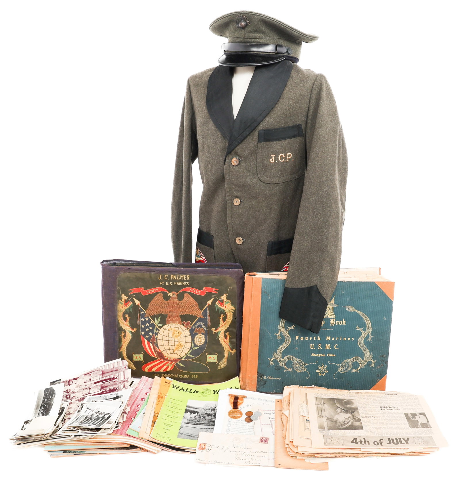 1930s CHINA MARINE NAMED SOOCHOW CREEK MEDAL GROUP: 1930s CHINA MARINE NAMED SOOCHOW CREEK MEDAL GROUP 1930's USMC China Marine Soochow Creek Medal, Tour Jacket, & Photograph Grouping. Named to Private Jewell C. Palmer of F Company, 2nd Battalion, 4th 