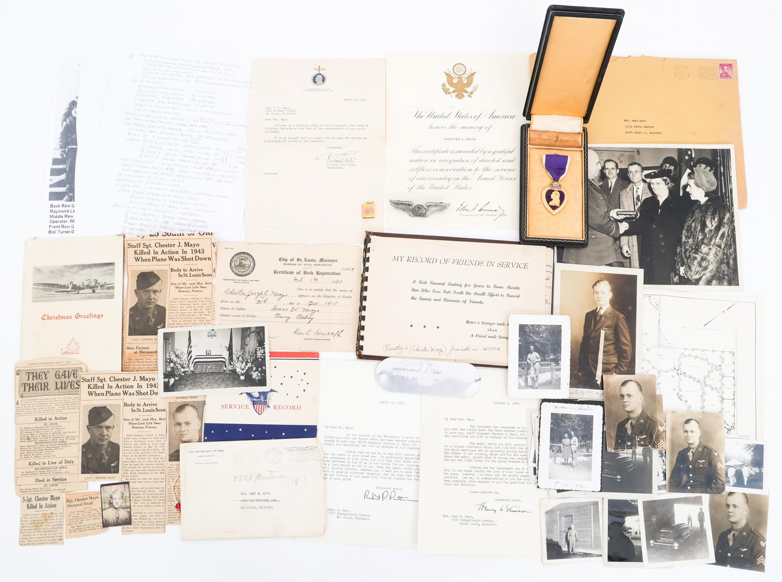 WWII USAAF 336th BG, 954th BS KIA GROUPING: WWII USAAF 336th BG, 954th BS KIA GROUPING WWII US Army Air Forces KIA Grouping. Named to Staff Sergeant Chester J. Mayo, 37187732, of the 336th Bomb Group, 954th Bomb Squad. (1) Purple Heart. Named t