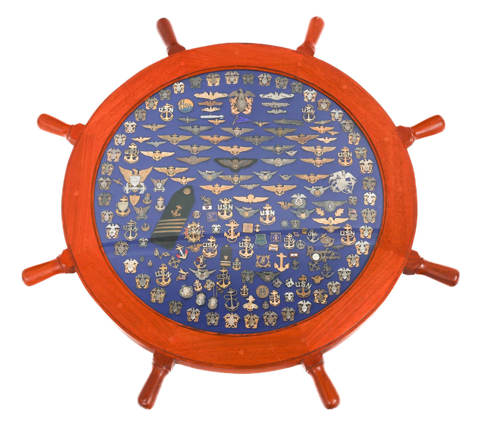 EXTENSIVE US NAVY & USMC WING & BADGE COLLECTION: EXTENSIVE US NAVY & USMC WING & BADGE COLLECTION Extensive collection of WWI - Cold War US Navy & US Marine Corps Wings, badges, & More. Mounted in ship's wheel style display. Includes bullion aviator