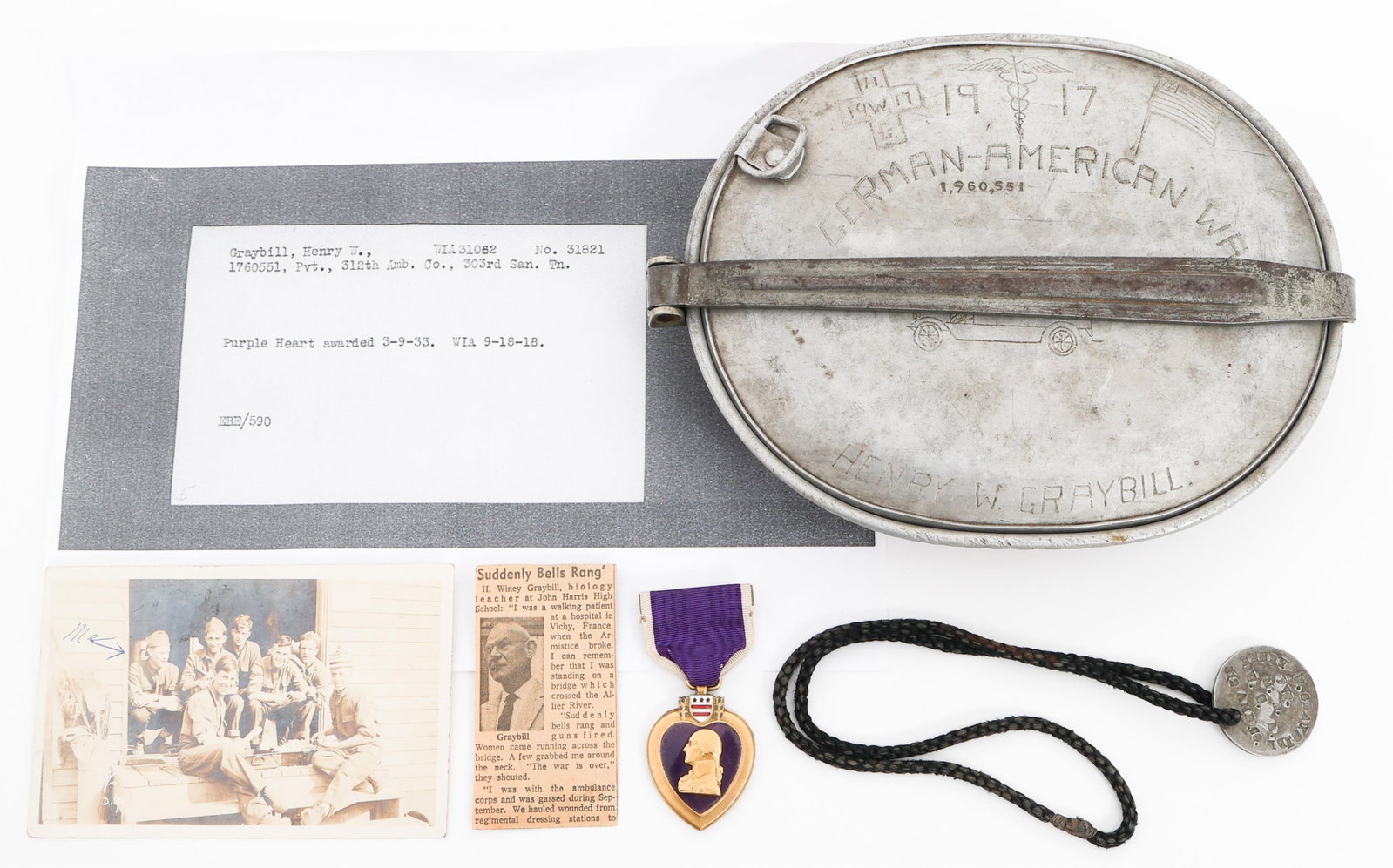 WWI US AEF 312th AMBULANCE CO. NAMED PURPLE HEART: WWI US AEF 312th AMBULANCE CO. NAMED PURPLE HEART WWI US AEF 312th Ambulance Company Purple Heart & Canteen Grouping. Named to Private Henry Winey Graybill (1607551) of the 312th Ambulance Co., 78th I