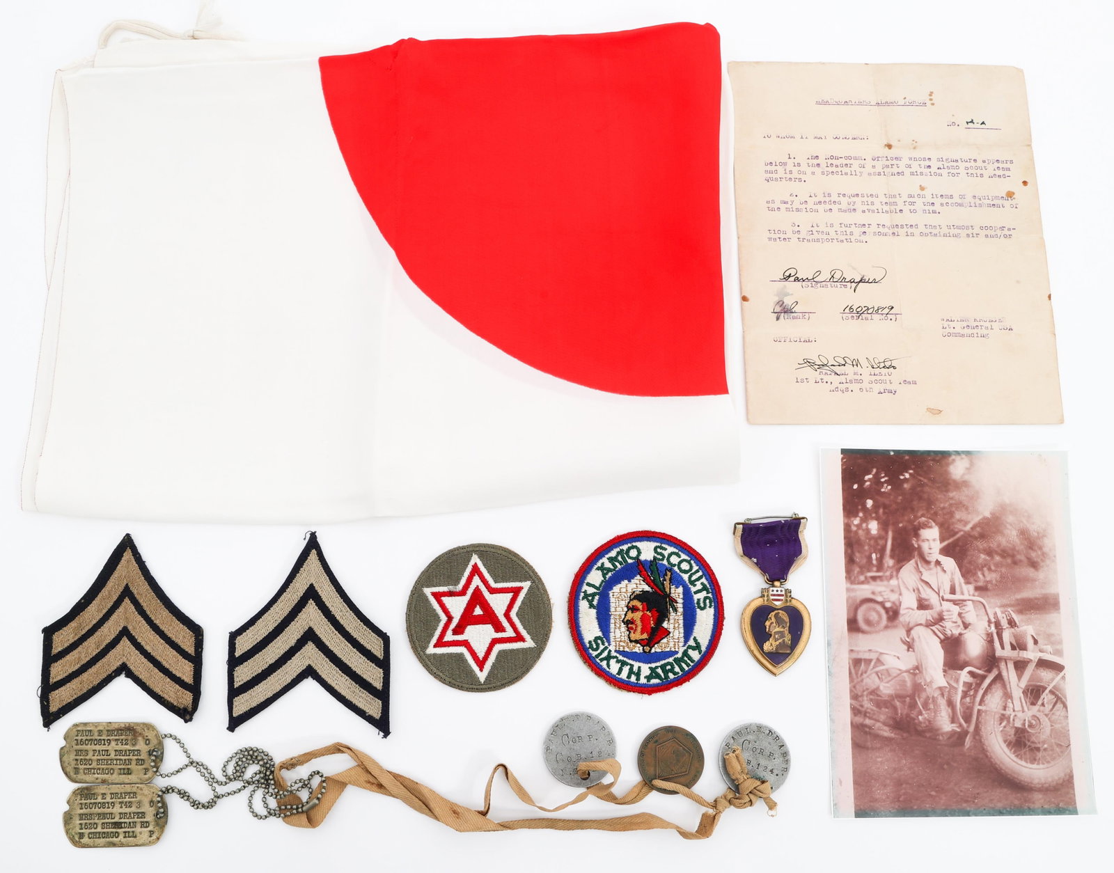 WWII US ALAMO SCOUT PURPLE HEART & PATCH GROUP: WWII US ALAMO SCOUT PURPLE HEART & PATCH GROUP WWII US 6th Army, Alamo Scouts Purple Heart & Patch Grouping. Named to Technician 5th Grade Paul E. Draper (16070819) of the Ileto Team. (1) Purple Heart