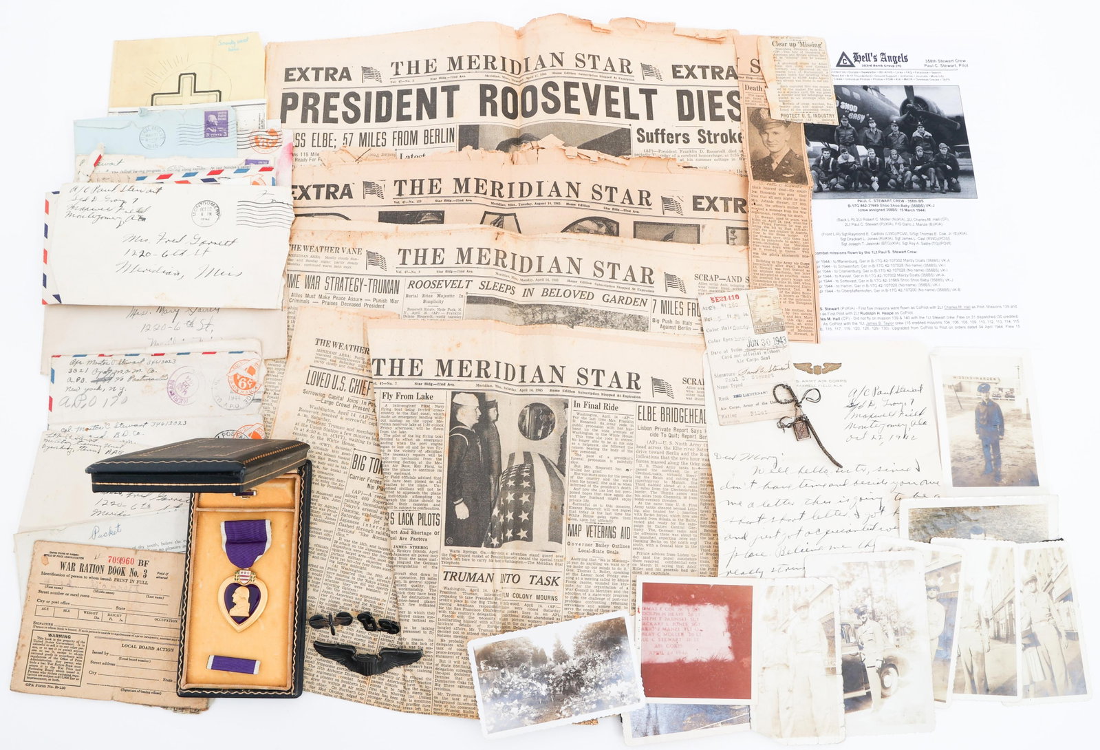 WWII USAAF NAMED 358th BS PURPLE HEART KIA GROUP: WWII USAAF NAMED 358th BS PURPLE HEART KIA GROUP WWII USAAF 358th Bomb Squadron, Purple Heart Recipient, Killed in Action Grouping. Named to 1st Lieutenant Paul C. Stewart, Pilot of the B-17G #42-3166