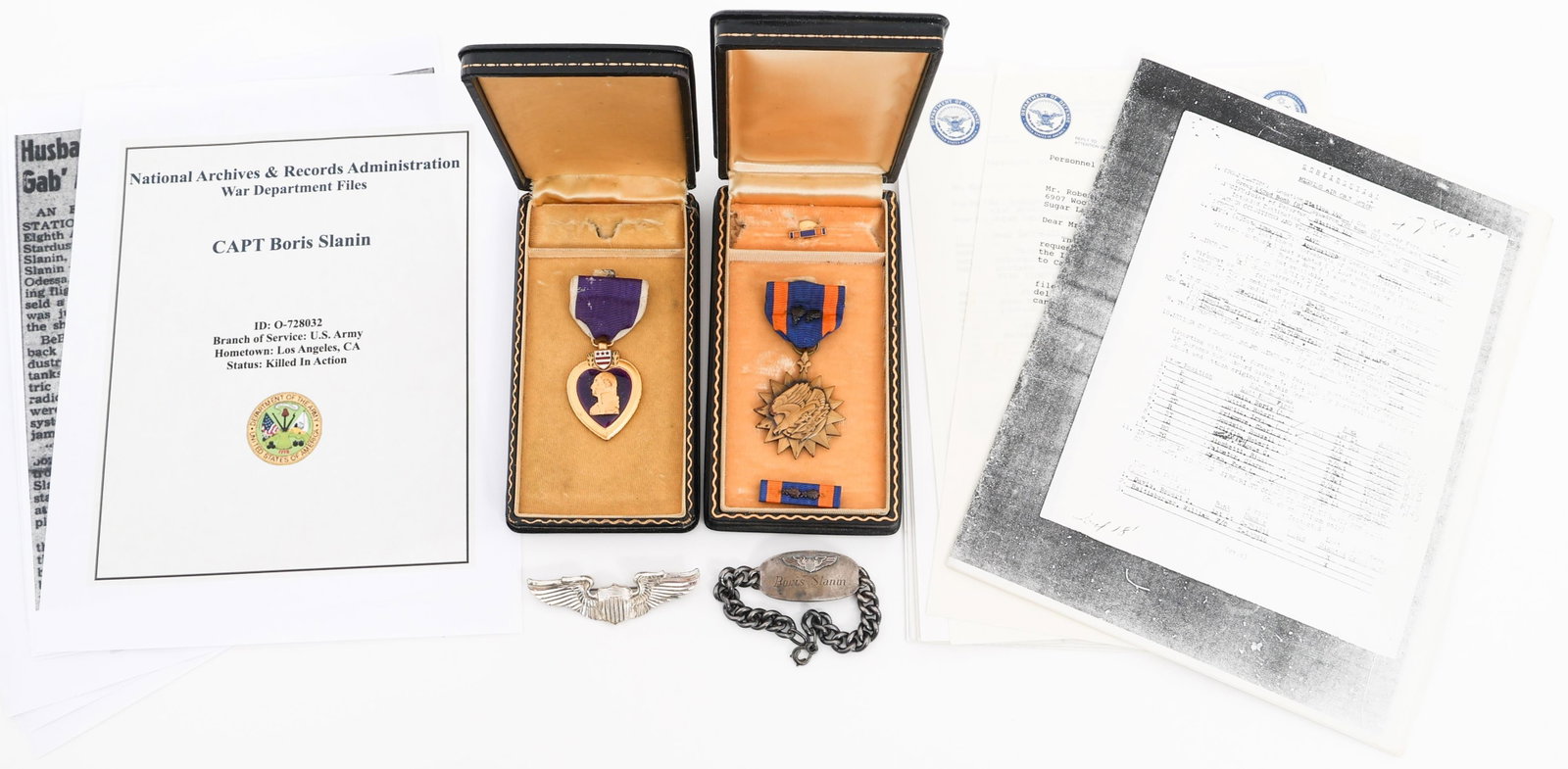 WWII USAAF 728th BOMB SQ KIA & AIR MEDAL GROUP: WWII USAAF 728th BOMB SQ KIA & AIR MEDAL GROUP WWII USAAF 728th Bomb Group Killed in Action Pilot, Air Medal, Purple Heart and Document Grouping. Named to Captain Boris Slanin O-828032 of the 728th Sq