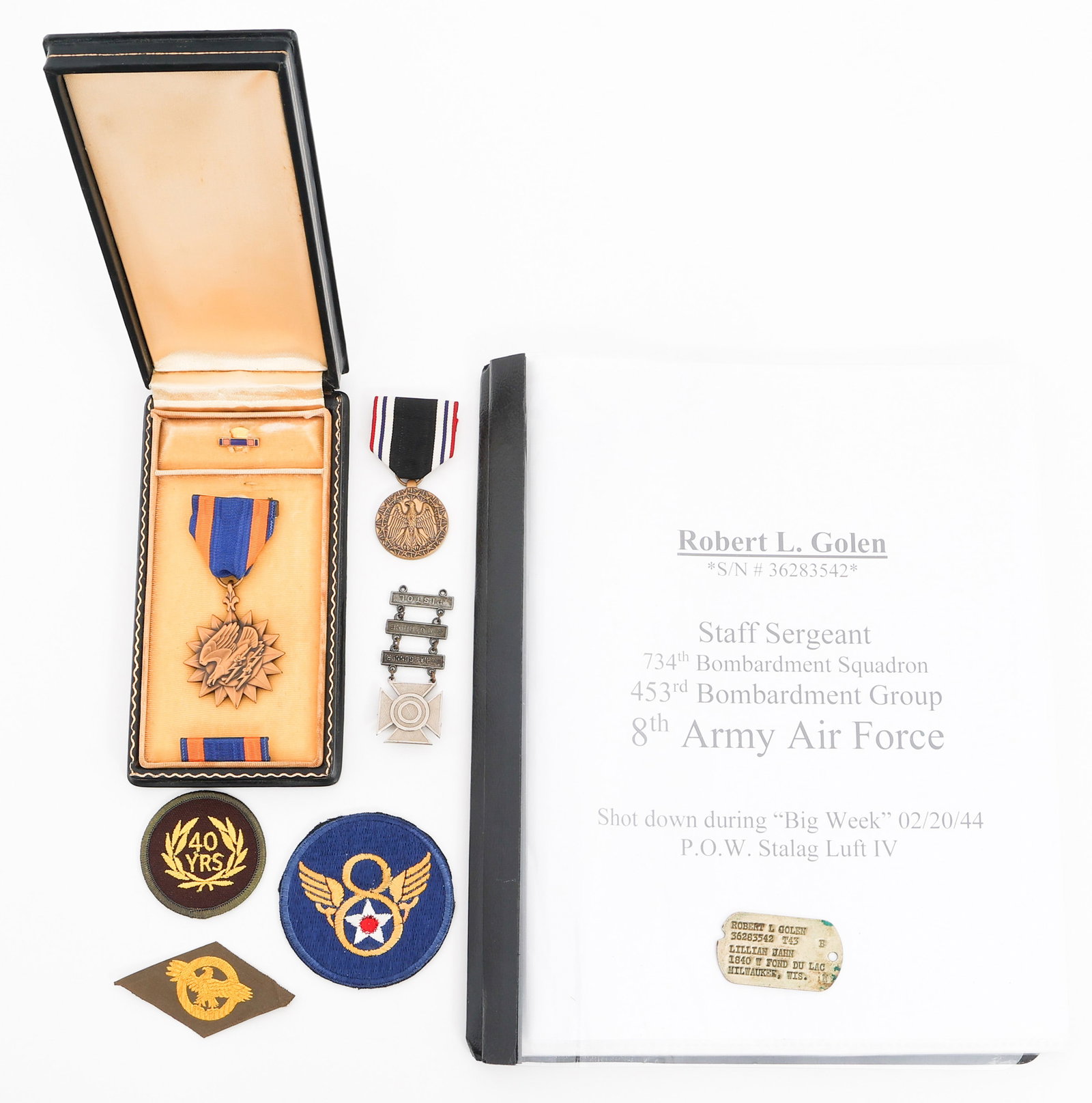 WWII USAAF 734th BS NAMED POW & AIR MEDAL GROUPING: WWII USAAF 734th BS NAMED POW & AIR MEDAL GROUPING WWII USAAF 734th Bomb Squadron POW and Air Medal Recipient Grouping. Named to Staff Sergeant Robert L. Golen 36283542, Top Turret Gunner aboard the B
