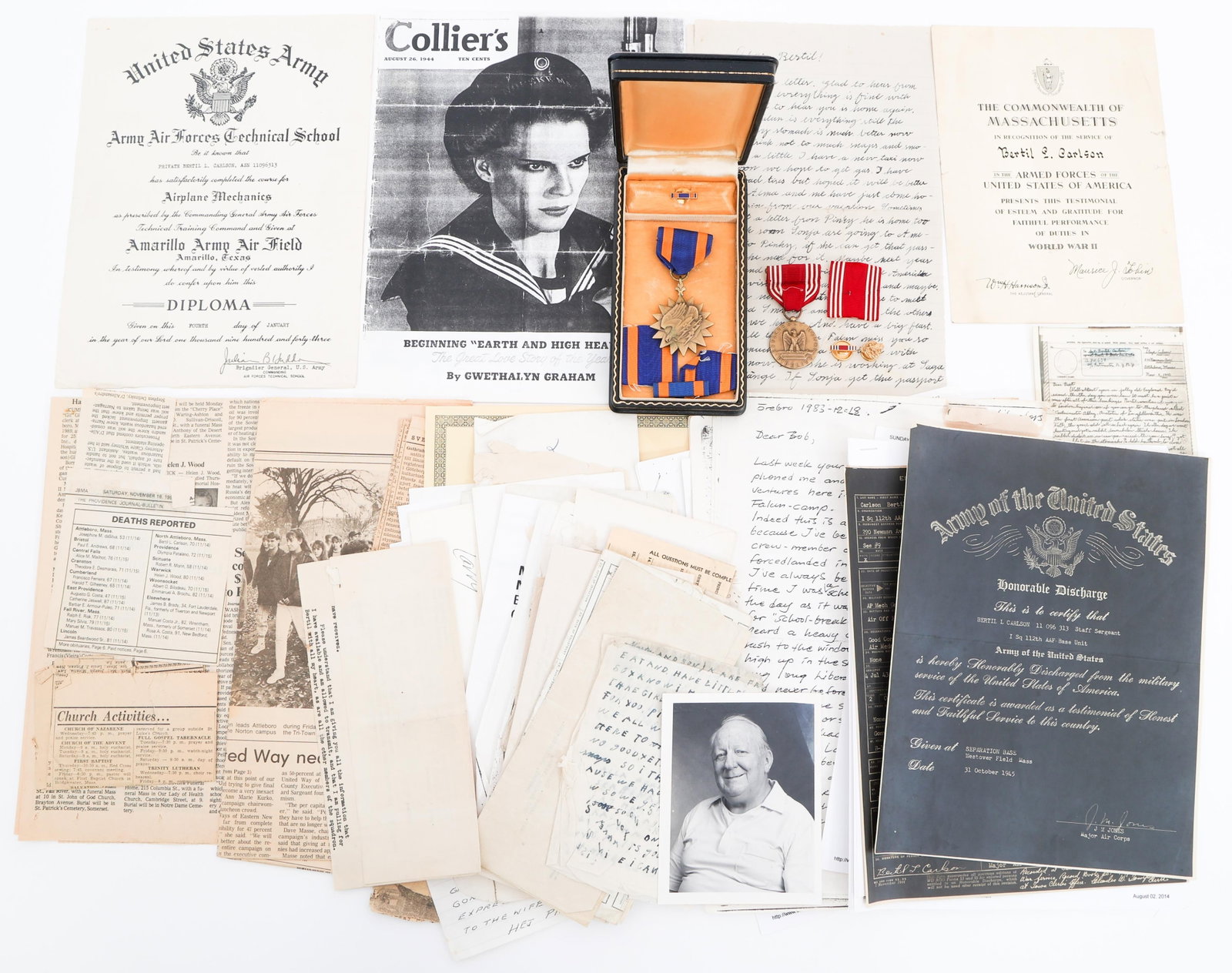 WWII USAAF NAMED MECHANIC / GUNNER AIR MEDAL GROUP: WWII USAAF NAMED MECHANIC / GUNNER AIR MEDAL GROUP WWII USAAF Airplane Mechanic / Gunner Air Medal and Document Grouping. Named to Staff Sergeant Bertil L. Carlson 11096313, 112th AAF Base Unit assign