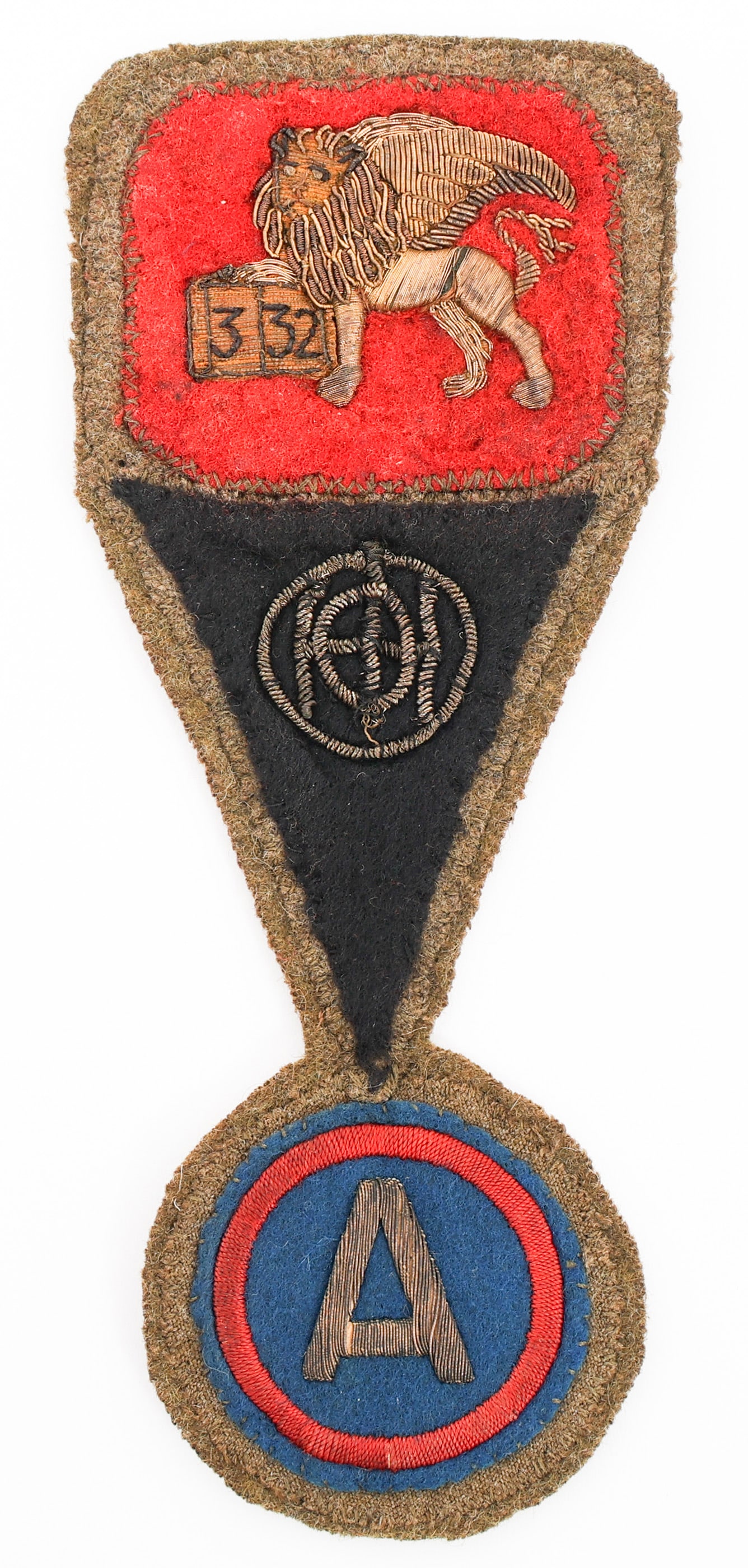 WWI AEF 332nd INF REGT, 83rd DIV., 3rd ARMY PATCH: WWI AEF 332nd INF REGT, 83rd DIV., 3rd ARMY PATCH WWI US AEF 332nd Infantry Regiment, 83rd Division, 3rd Army Theater Made Patch. Multi piece, Bullion embroidery on felt with OD Wool backing. Size: 8 