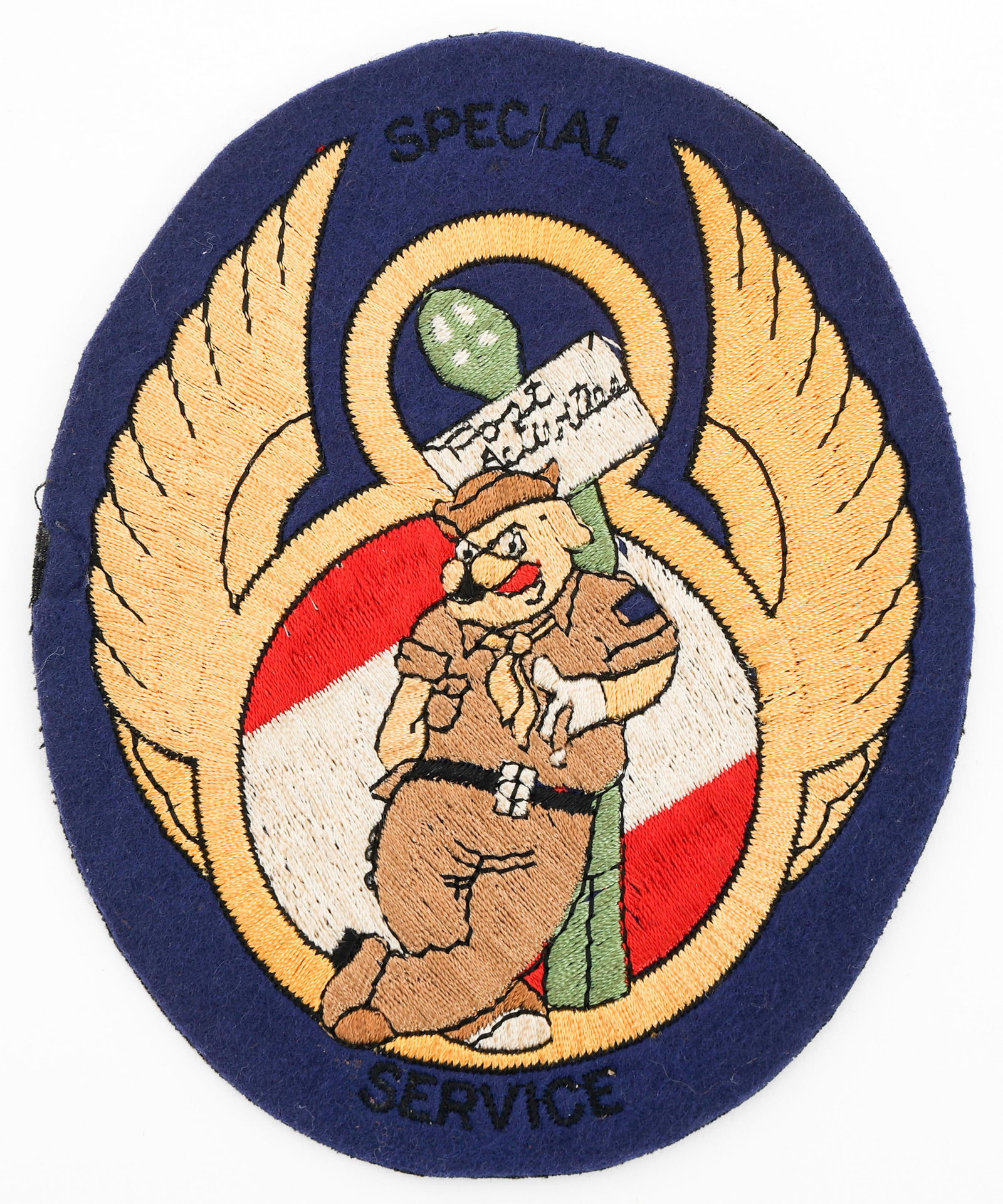 WWII USAAF 8th AIR FORCE SPECIAL SERVICES PATCH: WWII USAAF 8th AIR FORCE SPECIAL SERVICES PATCH WWII USAAF 8th Air Force Special Services Patch. Full cotton embroidered on felt. Provenance: Lifetime Military Memorabilia & Arms Collection of Peter L