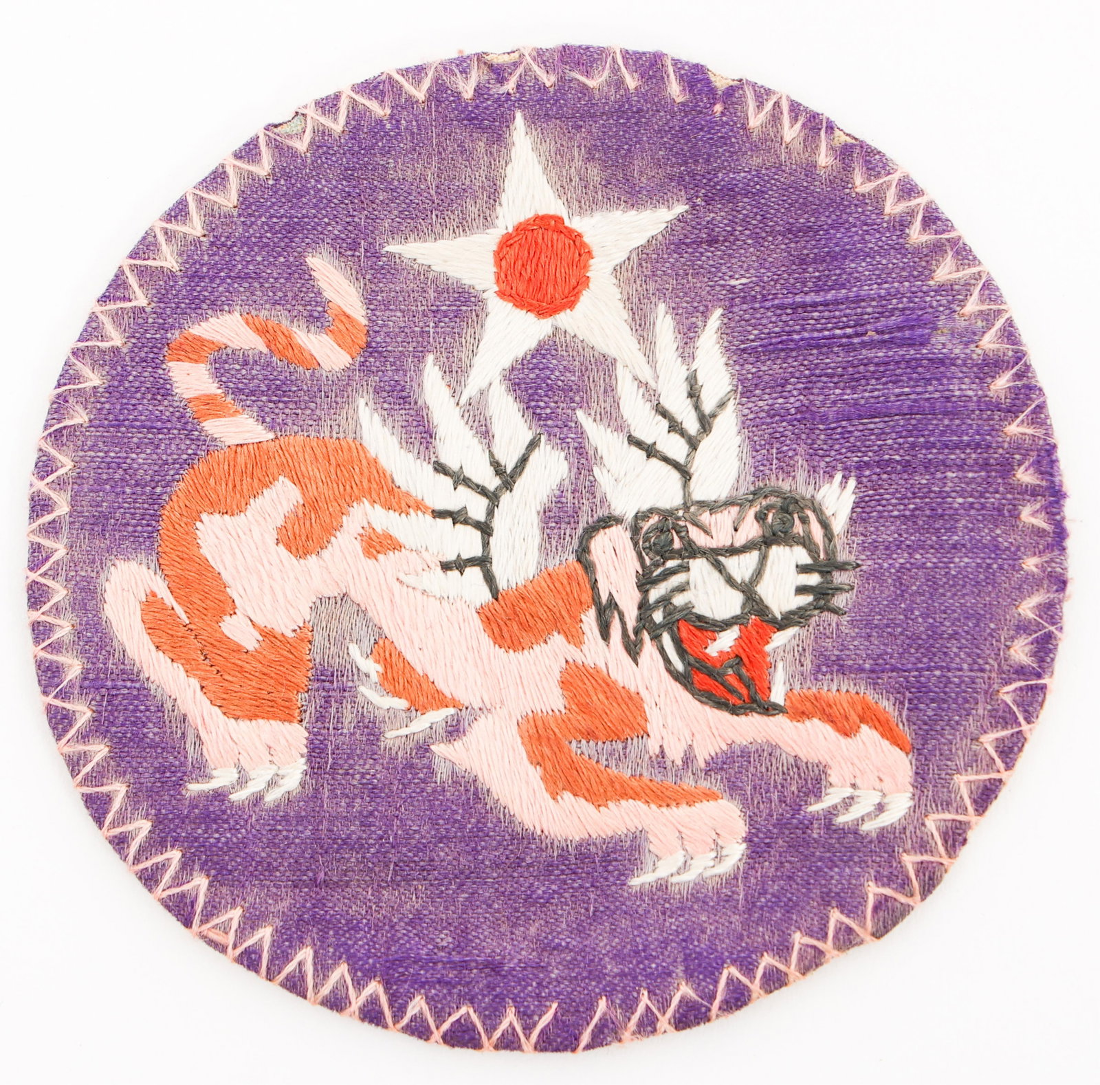 WWII USAAF CBI FLYING TIGERS THEATER MADE PATCH: WWII USAAF CBI FLYING TIGERS THEATER MADE PATCH WWII USAAF CBI 14th Air Force "Flying Tigers" Theater Made Patch. Hand stitched silk embroidery with cloth backing. Maker marked "Product of Shangri-La 
