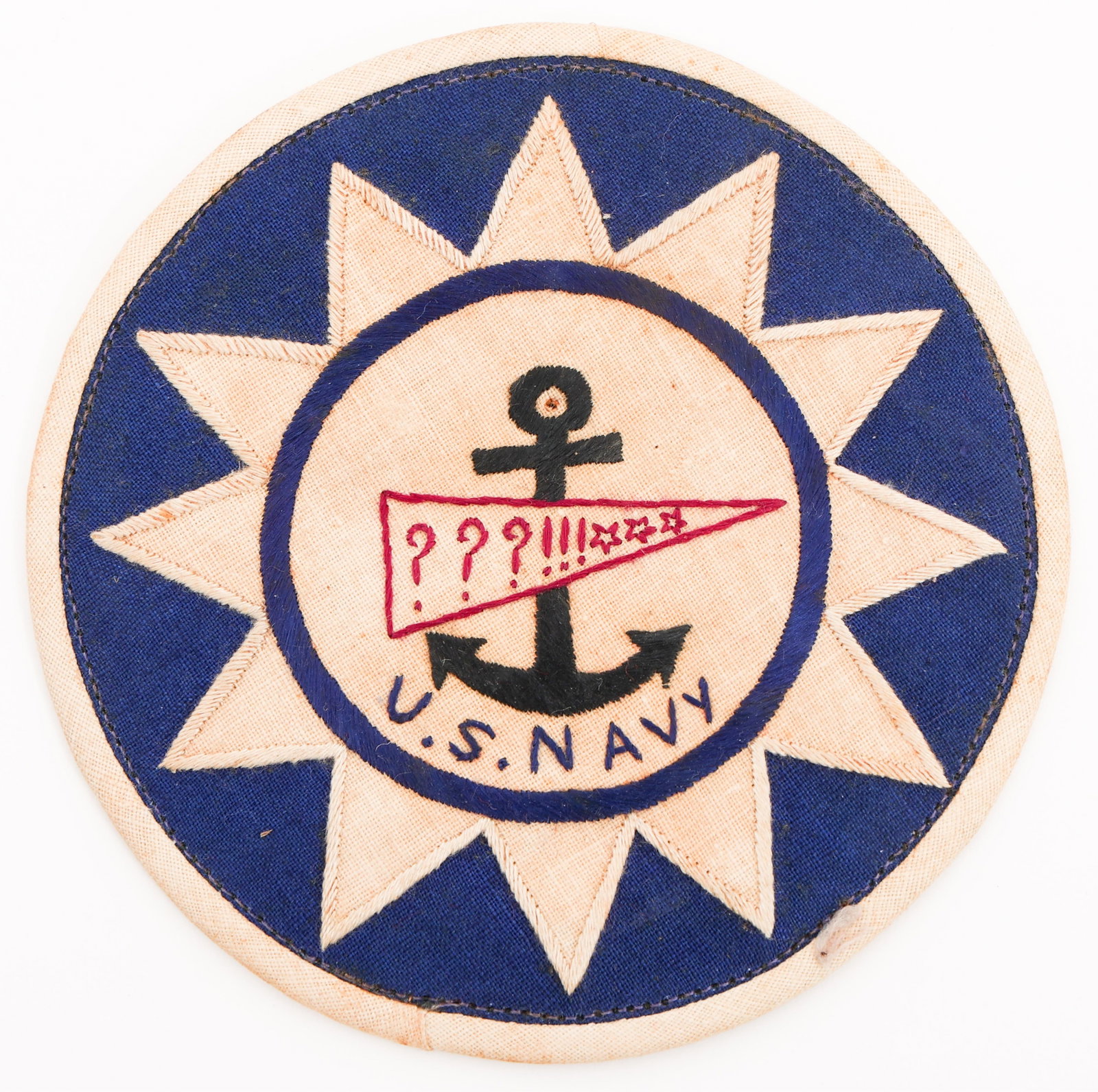 WWII CBI USN CHINA SACO THEATER MADE BREAST PATCH: WWII CBI USN CHINA SACO THEATER MADE BREAST PATCH WWII CBI US Navy China SACO Theater Made Breast Patch. Multi piece cotton construction with hand stitched pennant and "U.S. Navy". Leather backing. Si
