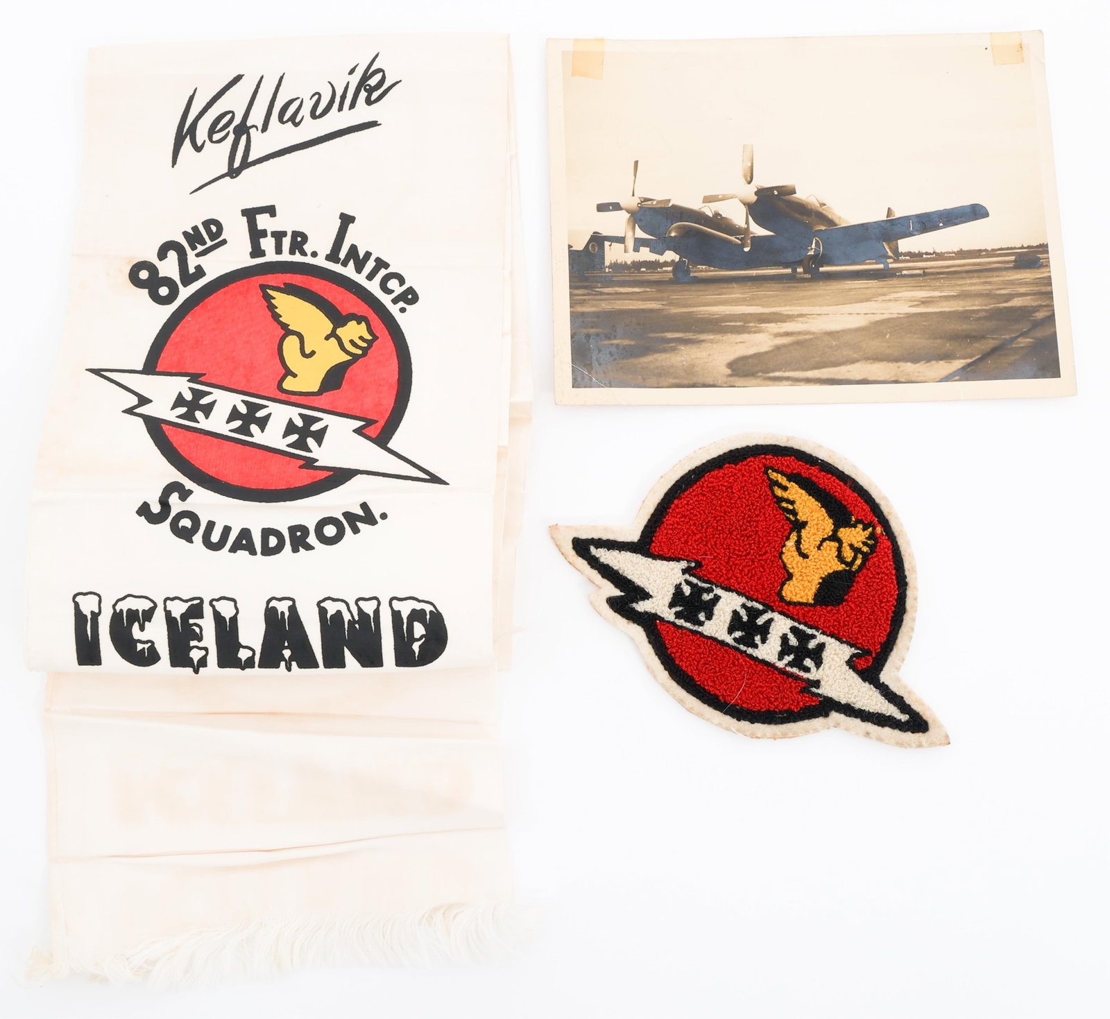 KOREAN WAR USAF 82nd FIS PATCH, BANNER & PHOTO: KOREAN WAR USAF 82nd FIS PATCH, BANNER & PHOTO Korean War US Air Force 82nd Fighter Interceptor Squadron, Air Defense Command Patch, Banner and Photo. (1) 82nd FIS Patch. Size: 4 1/2" x 6 1/2". Chenil