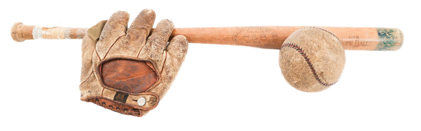 WWII US NAVY SOFTBALL, BAT & GLOVE: WWII US NAVY SOFTBALL, BAT & GLOVE WWII US Navy Softball, Bat and Glove. (1) Softball. (1) Wooden Bat. Maker marked by Hillerich & Bradsby Co. Louisville KY. (1) Leather Glove by D & M Sporting Goods.