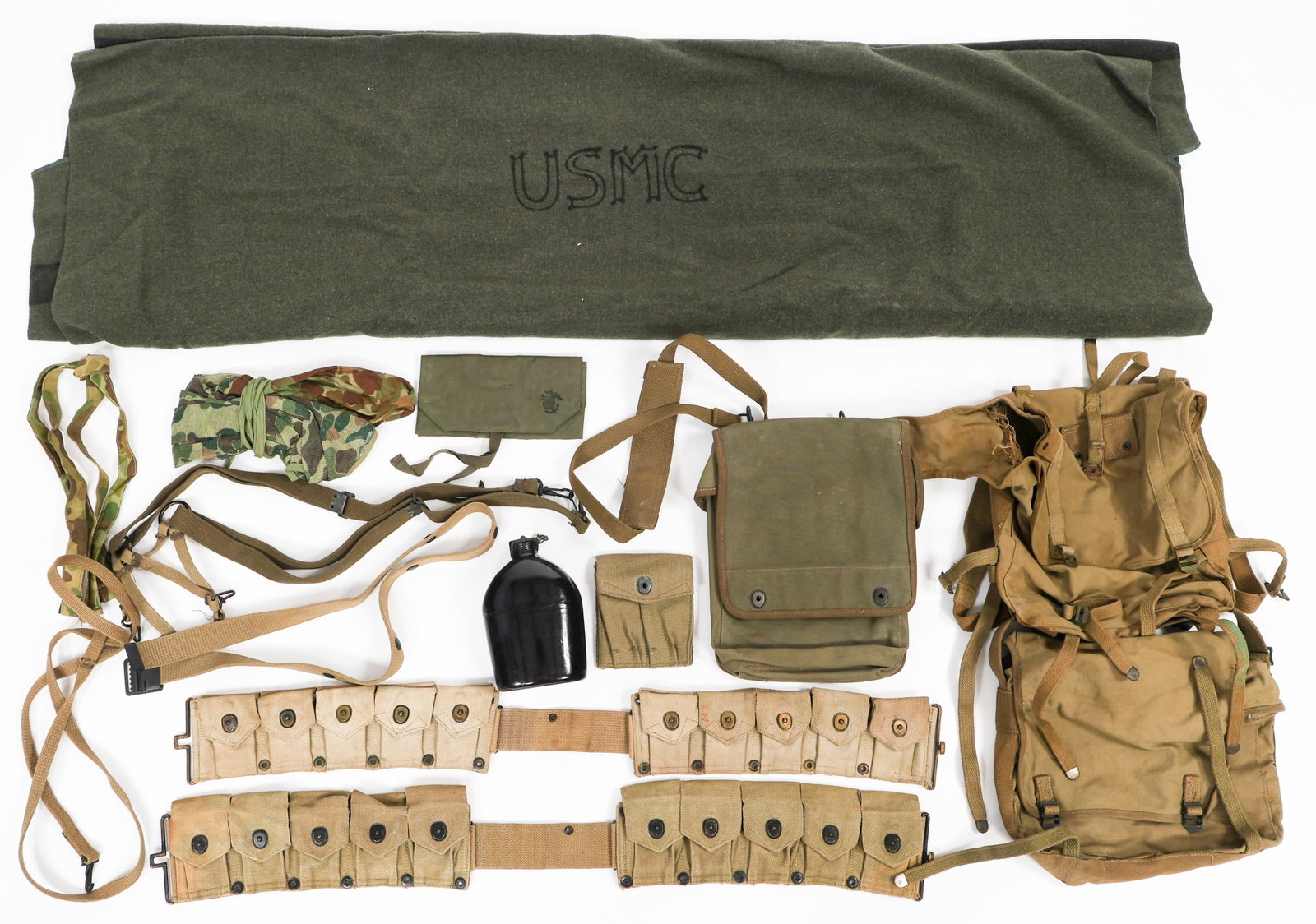 WWII USMC MAP CASE & FIELD GEAR: WWII USMC MAP CASE & FIELD GEAR WWII US Marine Corps Map Case and Field Gear. (1) Map Case. Marked "Hamelco Co. "1944". Named to Robert J. Waterston (2) M1923 Cartridge belts. Both marked "Boyt". (1) 