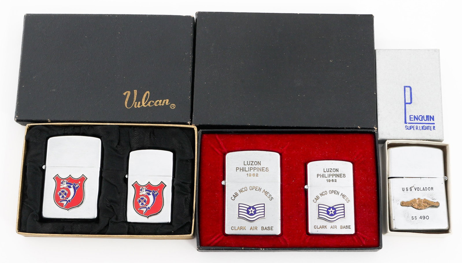 VIETNAM WAR USAF & NAVY CIGARETTE LIGHTERS: VIETNAM WAR USAF & NAVY CIGARETTE LIGHTERS Vietnam War US Air Force and Navy Cigarette Lighters. (1) USS Volador. Maker marked by Penguin. Original box included. (2) USS Barracuda Lighters. Maker mark