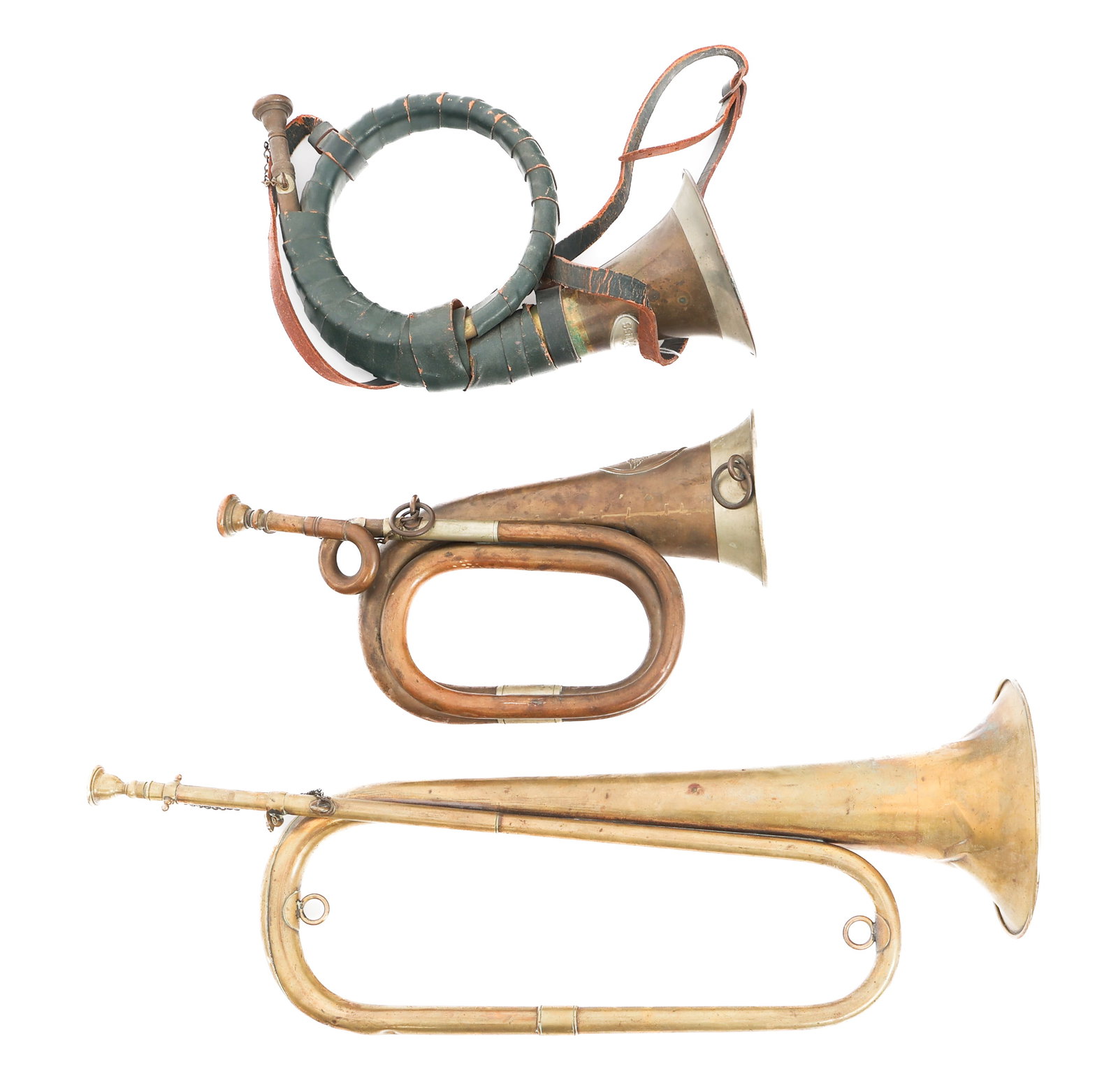 WWI - COLD WAR EUROPEAN MILITARY BUGLES & HORN: WWI - COLD WAR EUROPEAN MILITARY BUGLES & HORN WWI - Cold War European Military Bugles & Hunting Horn. (1) Brass & nickel bugle with Prussian coat of arms. Includes chained mouth piece. No visible mak