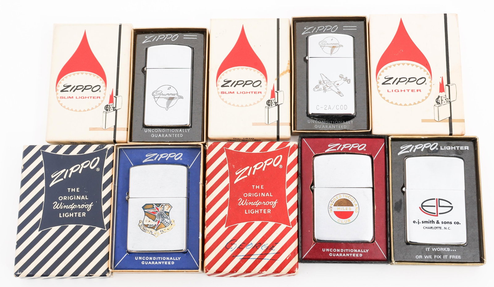 COLD WAR USAF & CONTRACTOR ZIPPO LIGHTERS: COLD WAR USAF & CONTRACTOR ZIPPO LIGHTERS Cold War US Air Force and Military Contractor Zippo Cigarette Lighters. All have original boxes. (1) Strategic Air Command. (1) 100,000 Miles Club. (1) E.J. S