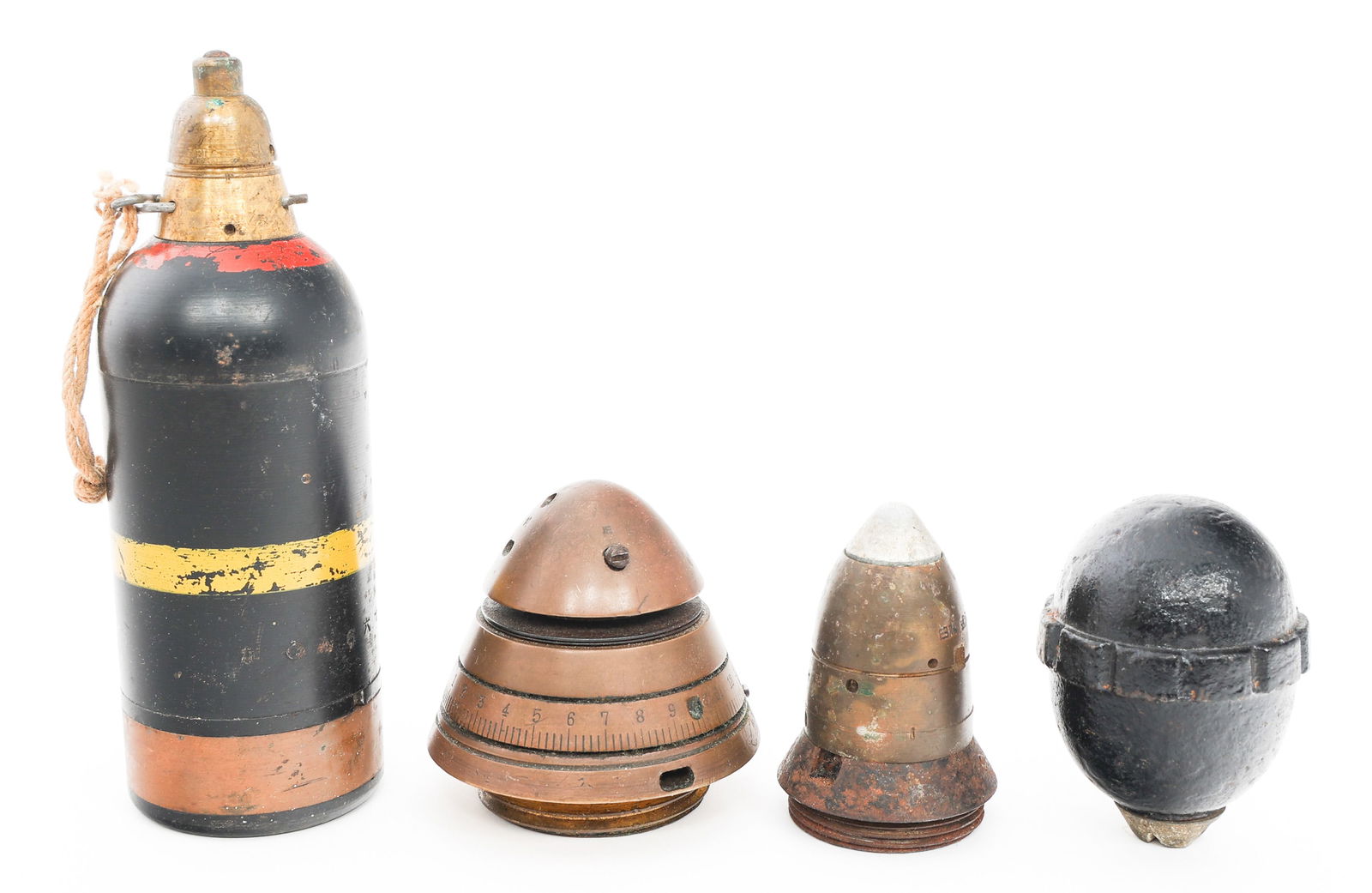 WWI - WWII IMPERIAL GERMAN & JAPANESE ORDNANCE: WWI - WWII IMPERIAL GERMAN & JAPANESE ORDNANCE WWI - WWII Imperial German and Japanese Ordnance. (1) WWI German Egg Grenade. (1) Japanese Type 89 Knee Mortar Round. (2) Japanese Mortar Head Fuses. Pro