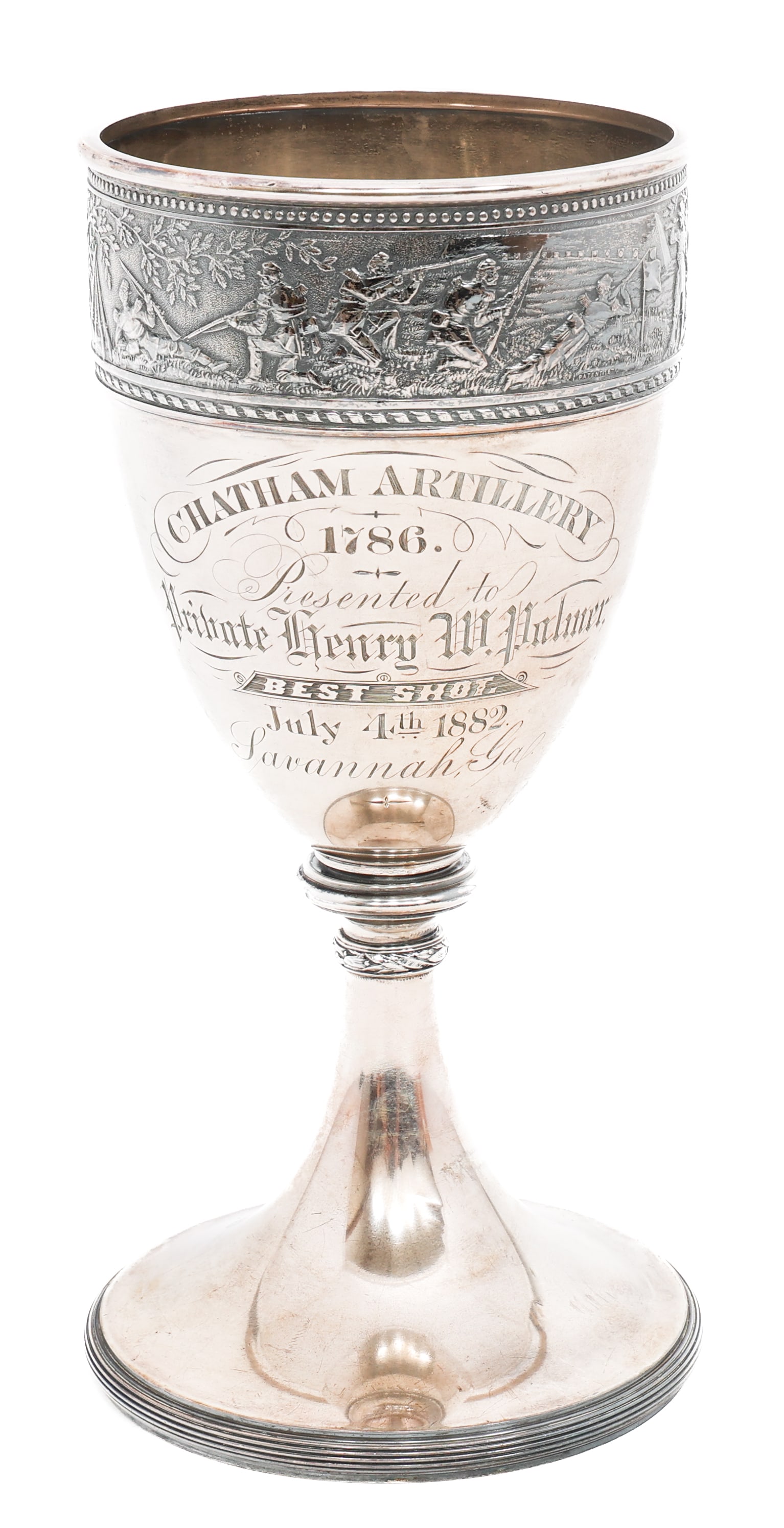 1882 US CHATHAM ARTILLERY STERLING SHOOTING PRIZE: 1882 US CHATHAM ARTILLERY STERLING SHOOTING PRIZE 1882 US Army Chatham Artillery Gorham Sterling Silver Shooting Prize. "Sterling 935 K" and hallmarks stamped on the base. Presented to Private Henry W