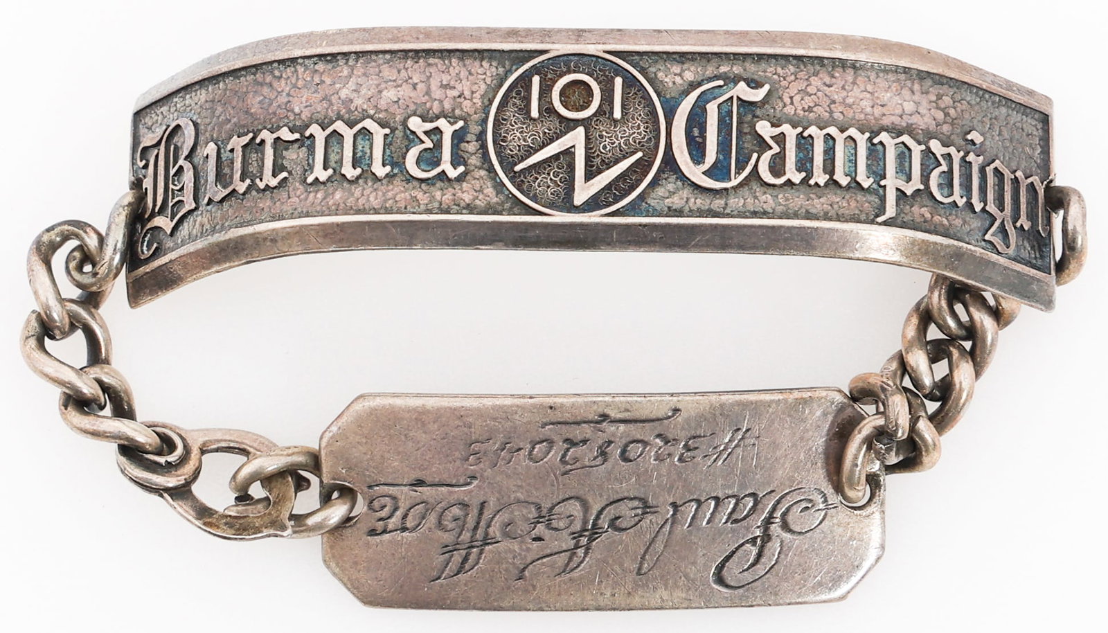 WWII US OSS 101 BURMA CAMPAIGN NAMED ID BRACELET: WWII US OSS 101 BURMA CAMPAIGN NAMED ID BRACELET WWII US CBI 101 OSS Detachment Burma Campaign Named ID Bracelet. Named to Paul A. Moe #32082043. Marked sterling. Provenance: Lifetime Military Memorab