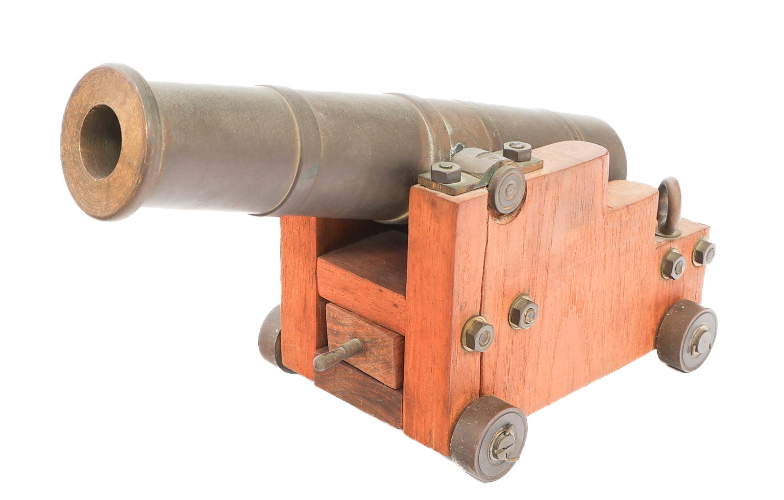 BRASS SIGNAL CANNON: BRASS SIGNAL CANNON Signal Cannon. Wooden cart with brass cannon. No visible marks. Size: 14" x 9" Weight: 11 lbs Provenance: Lifetime Military Memorabilia & Arms Collection of Peter L. Knepton (1956-