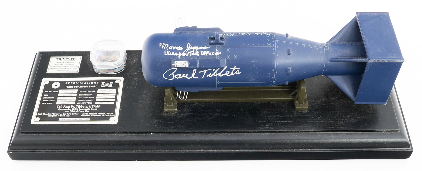 PAUL TIBBETS SIGNED LITTLE BOY ATOM BOMB DISPLAY: PAUL TIBBETS SIGNED LITTLE BOY ATOM BOMB DISPLAY Paul Tibbets Signed "Little Boy" Atomic Bomb Display. Data plate present. Hand signed by Enola Gay Pilot, Colonel Paul Tibbets, Navigator, Captain Theo