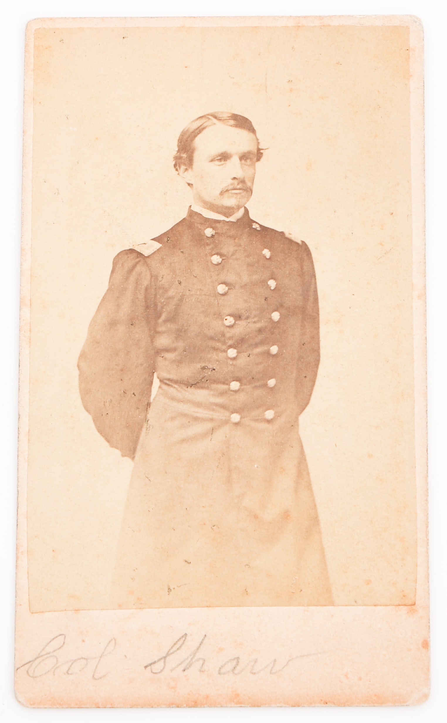 CIVIL WAR 54th MASS INFANTRY REGT KIA COL SHAW CDV: CIVIL WAR 54th MASS INFANTRY REGT KIA COL SHAW CDV Civil War Union CDV Photograph. Named to Colonel Robert Gould Shaw of the 54th Massachusetts Infantry Regiment. Signed at the bottom, Studio marked b