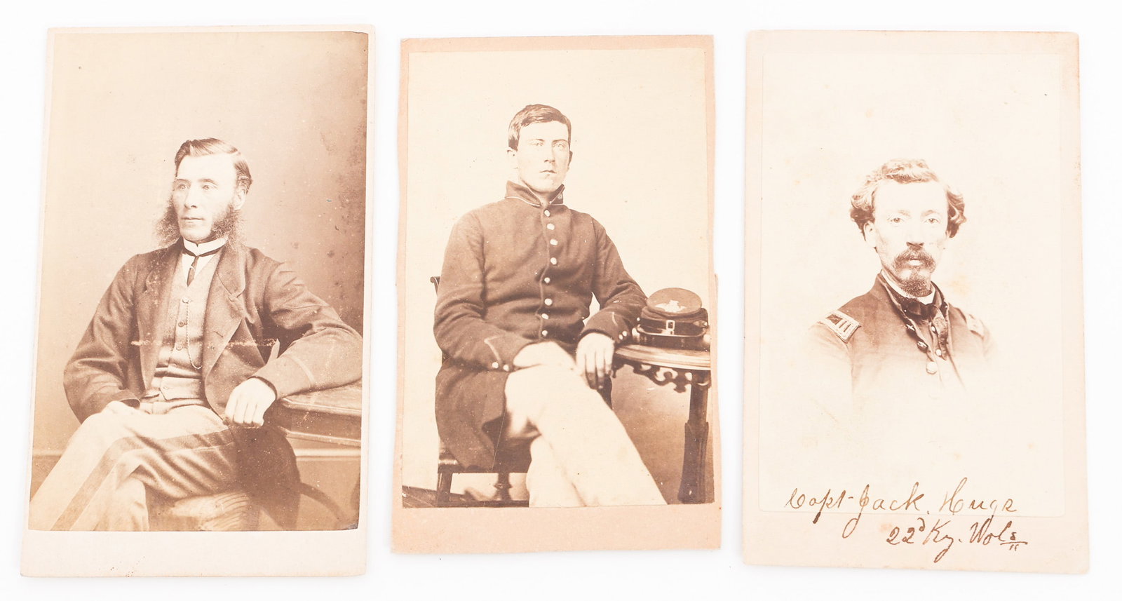 CIVIL WAR UNION KENTUCKY SOLDIER CDV PHOTOGRAPHS: CIVIL WAR UNION KENTUCKY SOLDIER CDV PHOTOGRAPHS Civil War Union Kentucky Soldier CDV Photographs. "Capt. Jack Huge 22nd Ky Vol." written at the bottom of one photo. Includes photos of one unidentifie