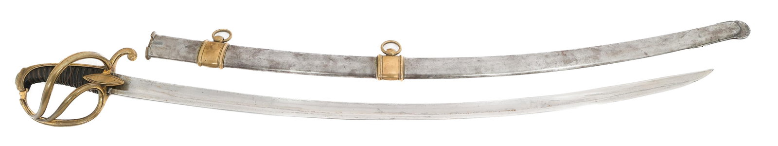 FRENCH 1st EMPIRE AN IX CAVALRY OFFICER SWORD: FRENCH 1st EMPIRE AN IX CAVALRY OFFICER SWORD French 1st Empire AN IX Cavalry Officer Sword. Single edged, curved, bright blade with fuller. No visible maker marks or stamps. Brass hilt with three-bra