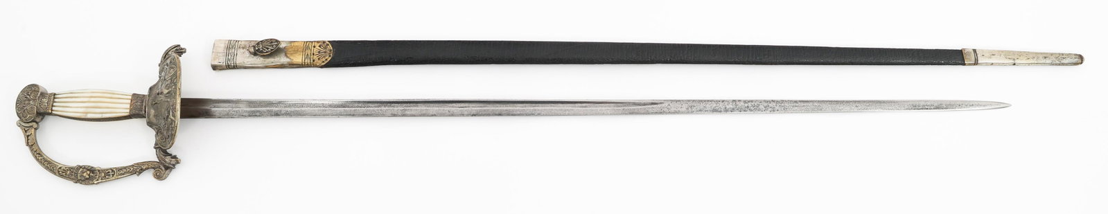 FRENCH 1st EMPIRE MOTHER OF PEARL OFFICER SWORD: FRENCH 1st EMPIRE MOTHER OF PEARL OFFICER SWORD French 1st Empire Mother of Pearl Superior Officer Sword. Single edged blade with fuller. No visible maker marks or stamps on the blade. Decorated alloy