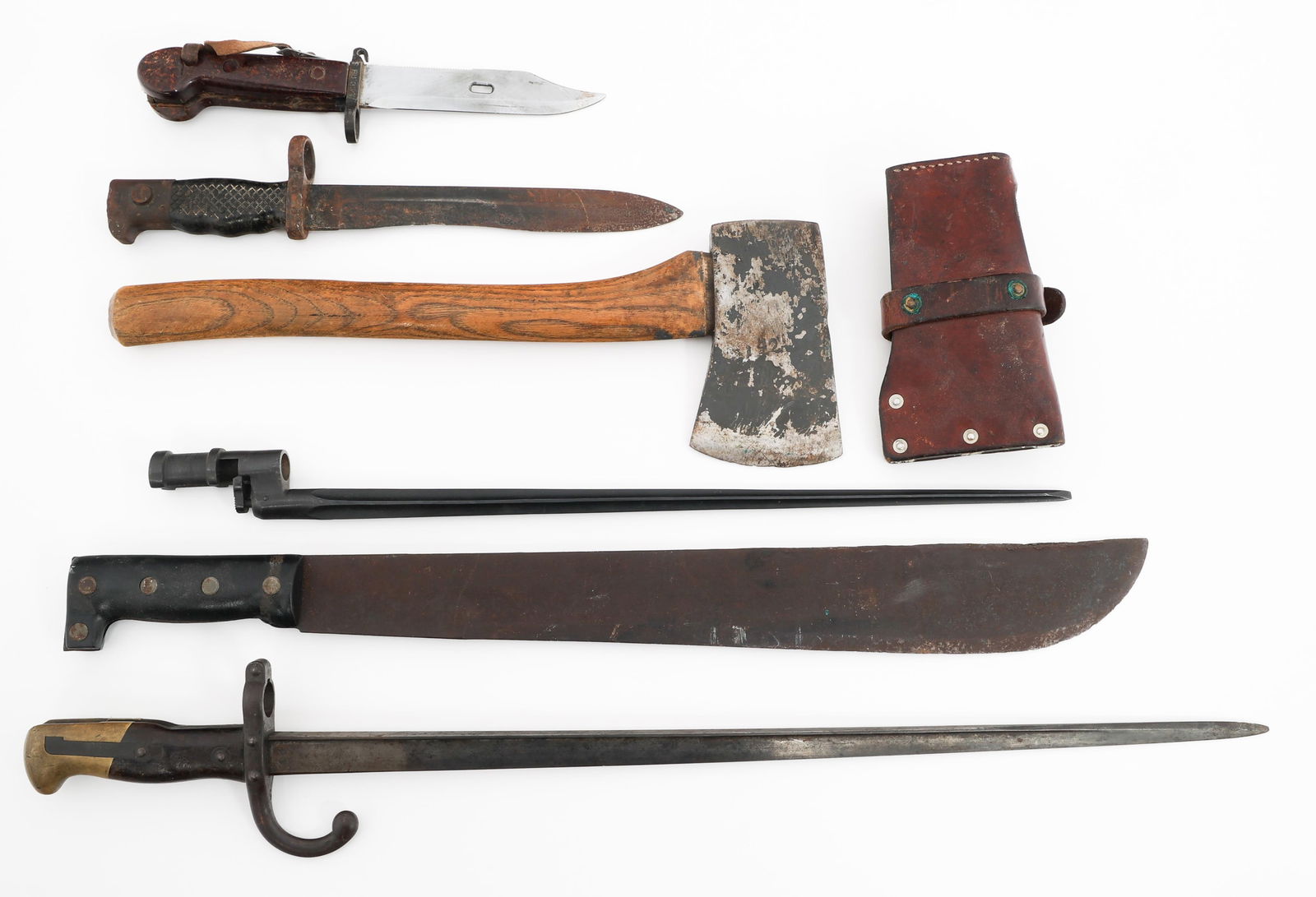 19th C. - CURRENT WORLD BAYONETS HATCHET & MACHETE: 19th C. - CURRENT WORLD BAYONETS HATCHET & MACHETE 19th Century - Current World Military Bayonets, Hatchet & Machete. (1) French M1874 Gras Bayonet. No scabbard. (1) Russian M1891 Bayonet. No scabbard