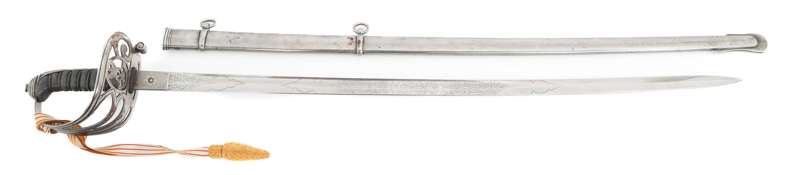 BRITISH PATTERN 1827 RIFLE OFFICER SWORD: BRITISH PATTERN 1827 RIFLE OFFICER SWORD British Pattern 1827 Rifle Officer's Sword. Single edged, bright blade. Double acid etched with floral and patriotic patterns. Proof button present on the rica