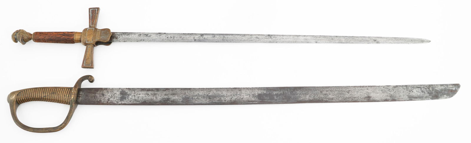 19th C. US MILITIA NCO SWORD & COLLINS MACHETE: 19th C. US MILITIA NCO SWORD & COLLINS MACHETE 19th C. US Militia NCO Sword & Collins & Co. Export Machete. (1) Militia NCO Sword. Double edged, straight blade. Double acid etched with military and fl