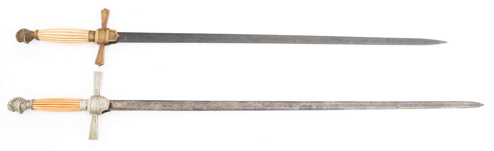 CIVIL WAR ERA US MILITIA NCO SWORDS: CIVIL WAR ERA US MILITIA NCO SWORDS Civil War Era US Militia NCO Swords. (1) NCO Sword. Double edged blade. Brass hilt with bone handle and knights head pommel. Steel scabbard. Blade length: 25". Over