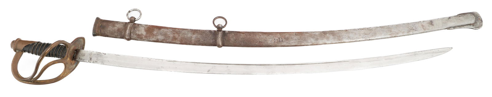 CIVIL WAR US M1840 CAVALRY SWORD by AMES: CIVIL WAR US M1840 CAVALRY SWORD by AMES Civil War US M1840 Cavalry Sword. Single edged, curved blade with fuller. Maker mark of Ames stamped on the ricasso. Dated 1862. Brass hilt with three - branch