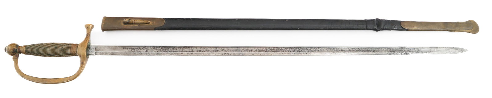 CIVIL WAR US M1840 NCO SWORD by AMES: CIVIL WAR US M1840 NCO SWORD by AMES Civil War US M1840 NCO Sword. Single edged, straight, bright blade. Maker mark of Ames Chicopee stamped on the ricasso. Dated 1864. Leather buffer pad present. Bra