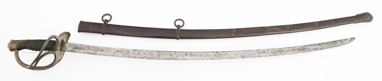 CIVIL WAR US M1860 CAVALRY SWORD by AMES: CIVIL WAR US M1860 CAVALRY SWORD by AMES Civil War US M1860 Cavalry Sword. Single edged, curved blade with fuller. Maker marked by Ames Mfg. Co., Chicopee and dated 1859 on the ricasso. Leather buffer