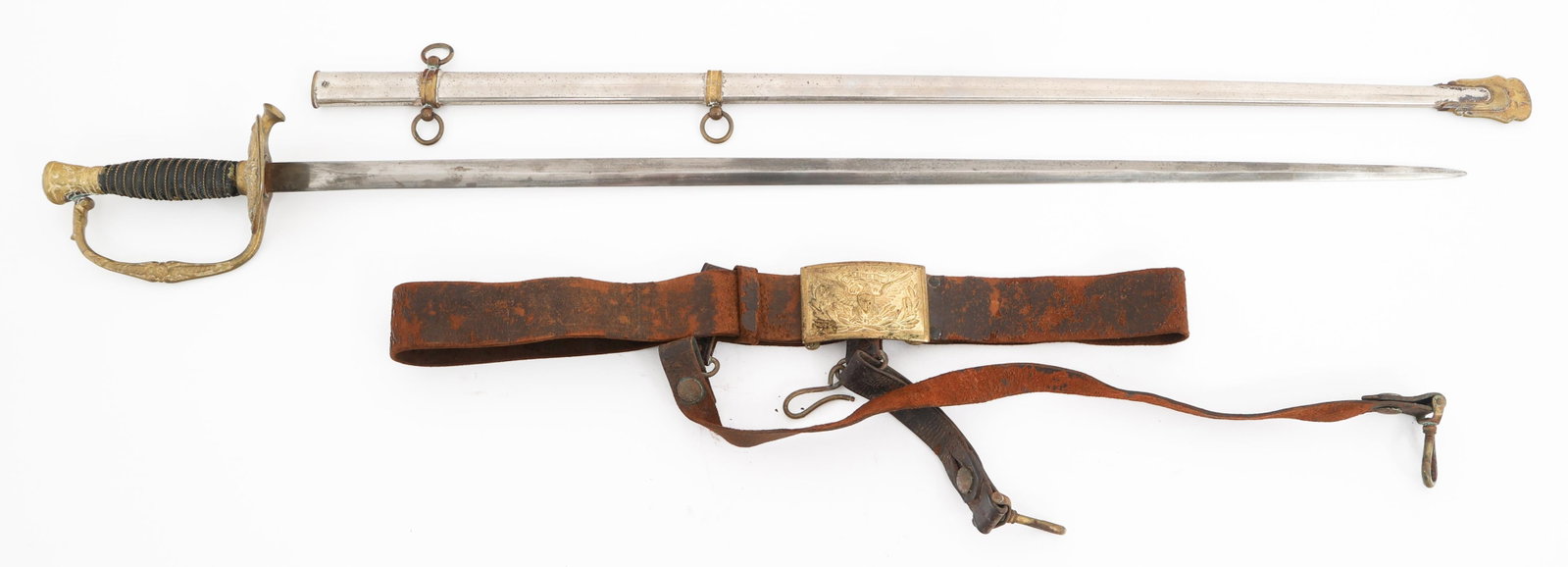 CIVIL WAR US M1860 FIELD OFFICER SWORD & BELT: CIVIL WAR US M1860 FIELD OFFICER SWORD & BELT Civil war US M1860 Staff & Field Officer Sword & Belt with Buckle. (1) M1860. Double edged, bright blade. No visible marks or stamps. Felt buffer pad pres