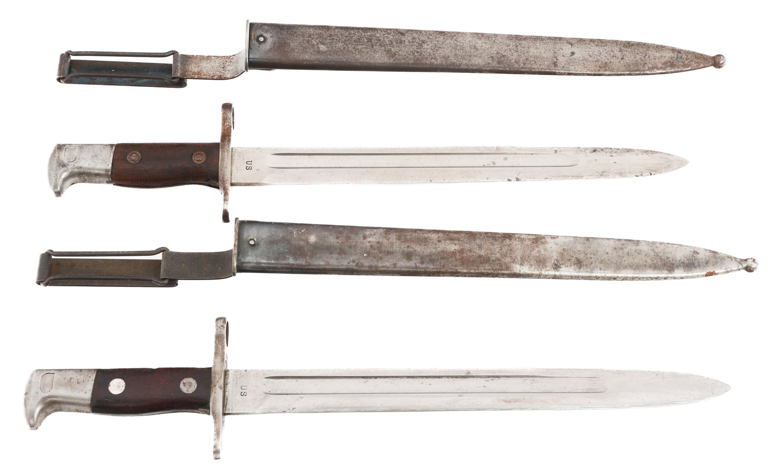 SPANISH-AMERICAN WAR US ARMY M1892 KRAG BAYONETS: SPANISH-AMERICAN WAR US ARMY M1892 KRAG BAYONETS Spanish-American War US Army M1892 Krag Bayonets. (2) Single edged blades with fullers. "US" and dates stamped on the ricassos. Steel hilts with wood g