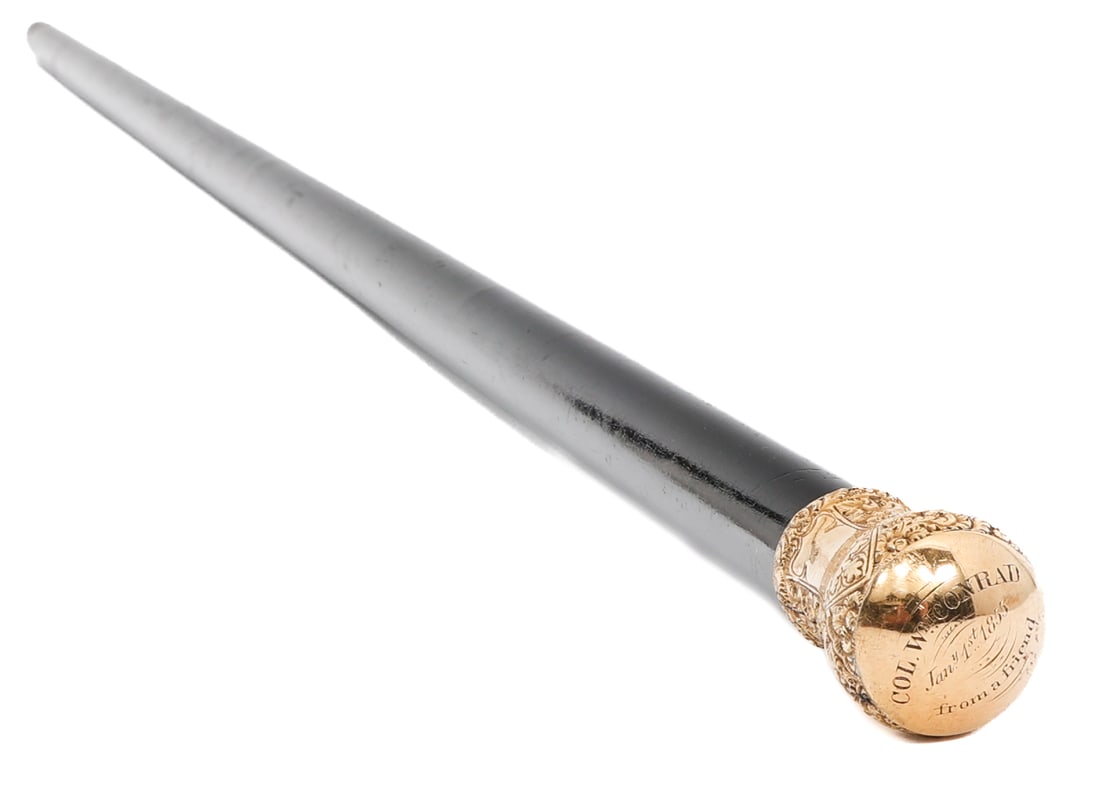 19th C. US ARMY OFFICER PRESENTATION CANE: 19th C. US ARMY OFFICER PRESENTATION CANE 19th C. US Army Officer Presentation Cane. Wood construction and gilt alloy knob etched with "Col. Wm Conrad, January 1st, 1855. From a friend". Size: 36" Pro