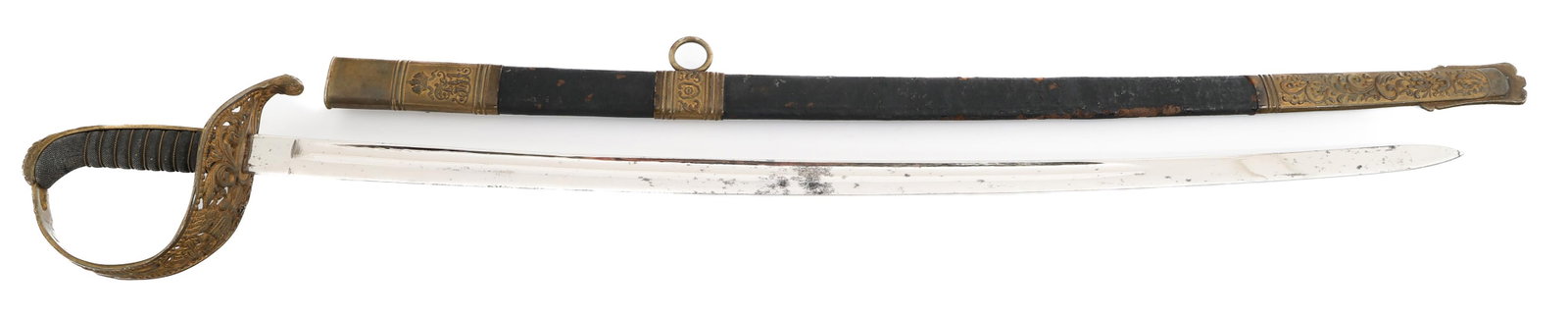 WWI IMPERIAL AUSTRIAN OFFICER SWORD WITH SCABBARD: WWI IMPERIAL AUSTRIAN OFFICER SWORD WITH SCABBARD WWI Imperial Austro-Hungarian Officer Sword with Scabbard. Single edged, slightly curved, bright blade with fuller. Maker marked by WKC, Solingen on t
