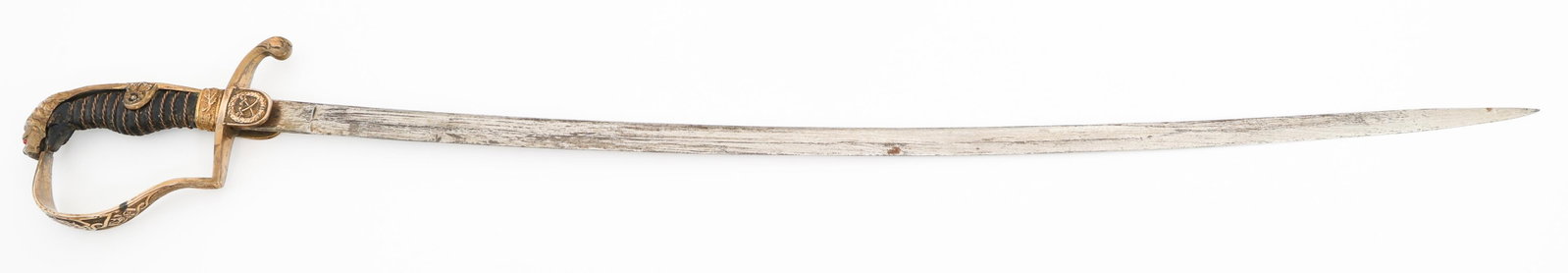 IMPERIAL GERMAN CAVALRY OFFICER LION HEAD SWORD: IMPERIAL GERMAN CAVALRY OFFICER LION HEAD SWORD Imperial German Cavalry Officer Lion Head Sword. Single edged, slightly curved, bright blade. No visible marks. Decorated brass hilt with ruby eyed lion