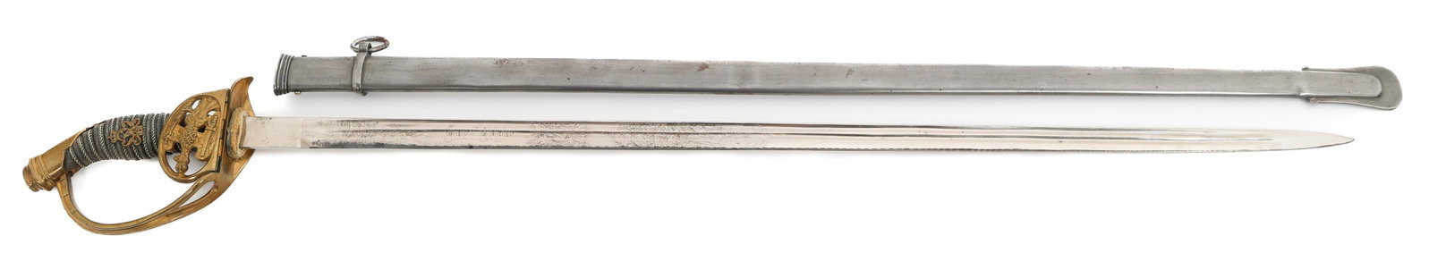 IMPERIAL GERMAN M1889 PRUSSIAN OFFICER SWORD: IMPERIAL GERMAN M1889 PRUSSIAN OFFICER SWORD Imperial German M1889 Prussian Officer's Sword. Single edged, bright, straight blade with dual fullers. Triple acid etched with "Karl Bogde", Prussian eagl