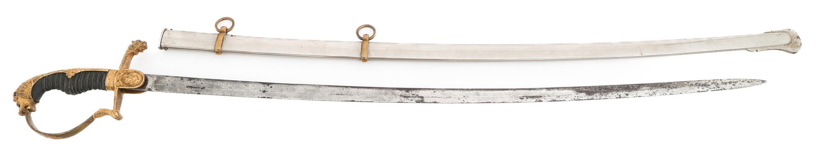IMPERIAL GERMAN PRUSSIAN OFFICER LION HEAD SWORD: IMPERIAL GERMAN PRUSSIAN OFFICER LION HEAD SWORD Imperial German Prussian Officer Lion Head Sword. Single edged, slightly curved, bright blade. Triple acid etched blade with floral patterns and Prussi