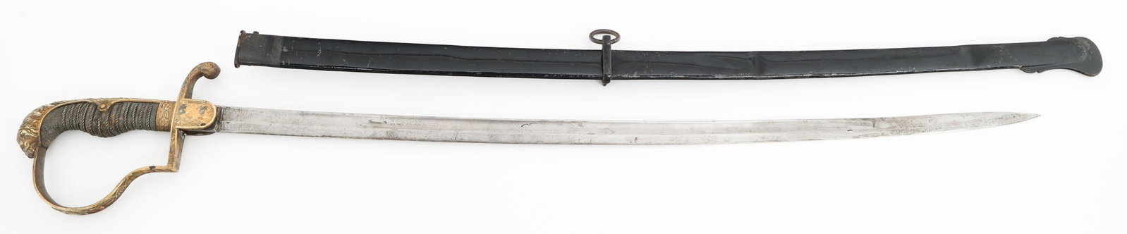 WWI IMPERIAL GERMAN CAVALRY OFFICER LIONHEAD SWORD: WWI IMPERIAL GERMAN CAVALRY OFFICER LIONHEAD SWORD WWI Imperial German Cavalry Officer Lion Head Sword. Single edged, slightly curved blade with fuller. Triple acid etched with military and floral des