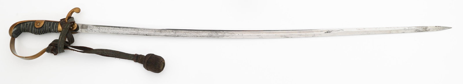 WWI IMPERIAL GERMAN MINING OFFICER SWORD by WKC: WWI IMPERIAL GERMAN MINING OFFICER SWORD by WKC WWI Imperial German Mining Officer Sword. Single edged, bright, slightly curved blade. Triple acid etched with floral and patriotic patterns. Maker mark
