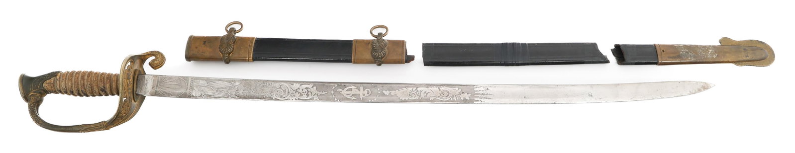 US NAVY M1852 OFFICER DRESS SWORD: US NAVY M1852 OFFICER DRESS SWORD US Navy M1852 Officer Dress Sword. Single edged, bright blade with fuller. Double acid etched with naval & patriotic designs. Maker marked by N.O. Benjamin, New York 